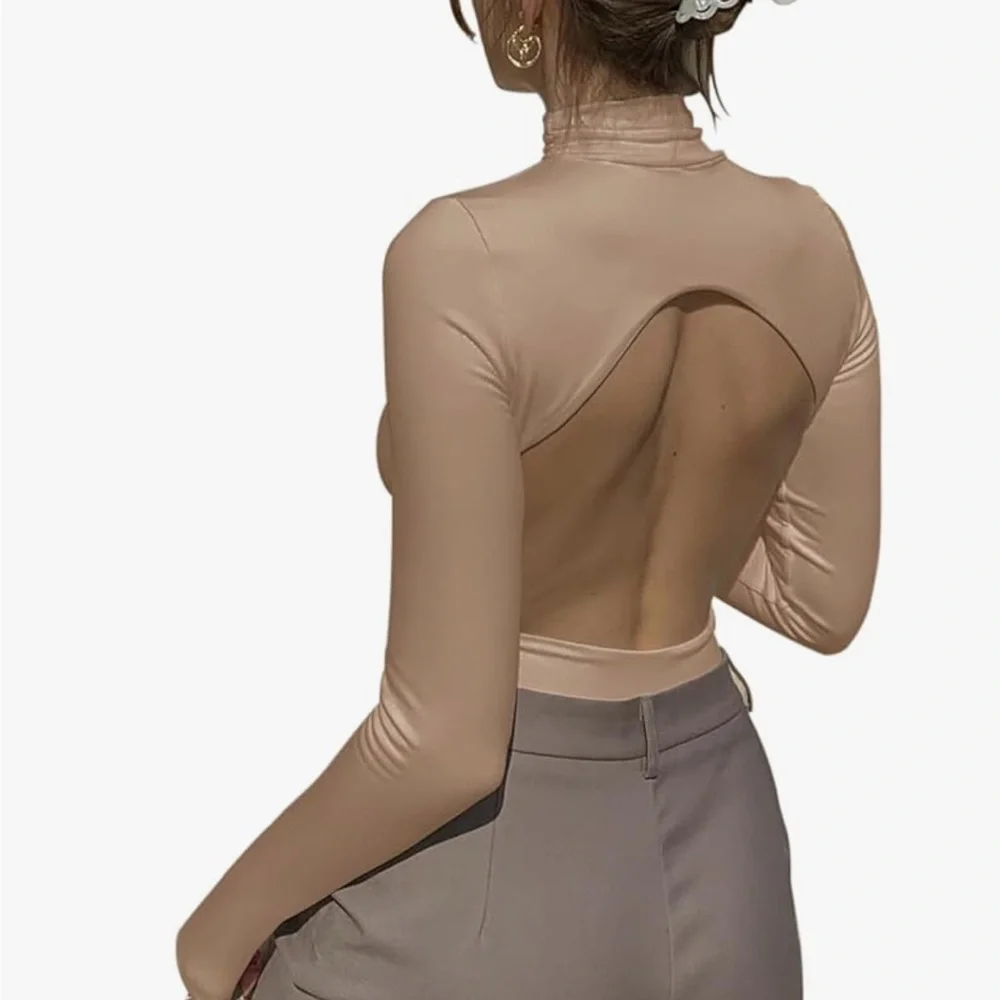 Women's Sexy Mock Turtleneck Backless Long Sleeve
Slimming Bodysuit Top - Picture 3 of 7